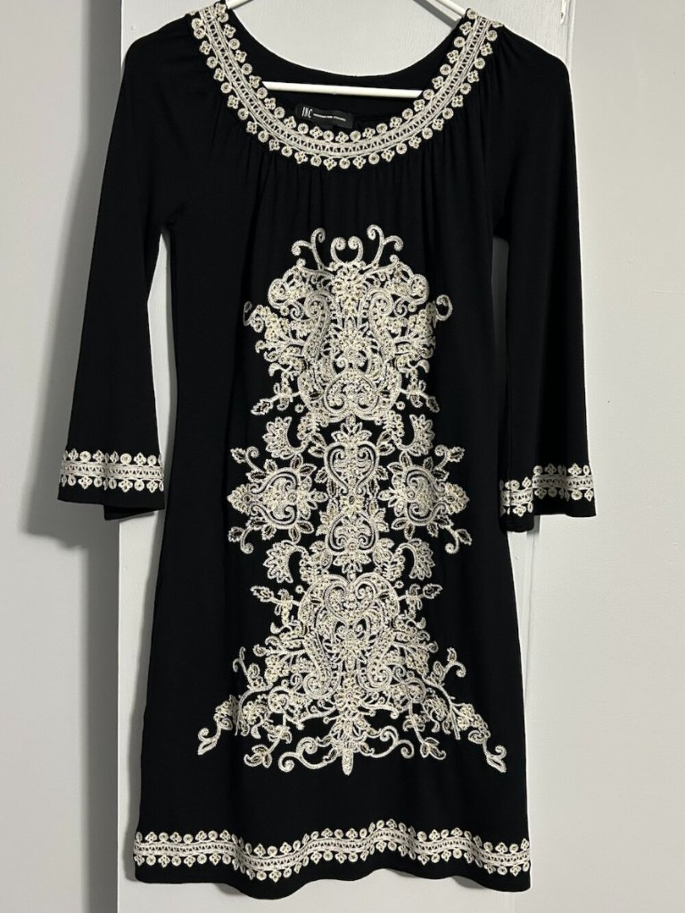 INC International Concepts Black/Cream Embroidery BOHO Mini Dress Women's XS